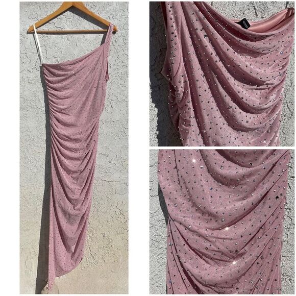 Blush Pink Bedazzled Maxi Dress SZ SM One-Shoulder Ruched Y2K Glam Gown Windsor - Picture 2 of 5